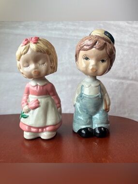 Vintage MCM Ceramic Boy & Girl Bobblehead Nodder Figurines Farmhouse Cottagecore